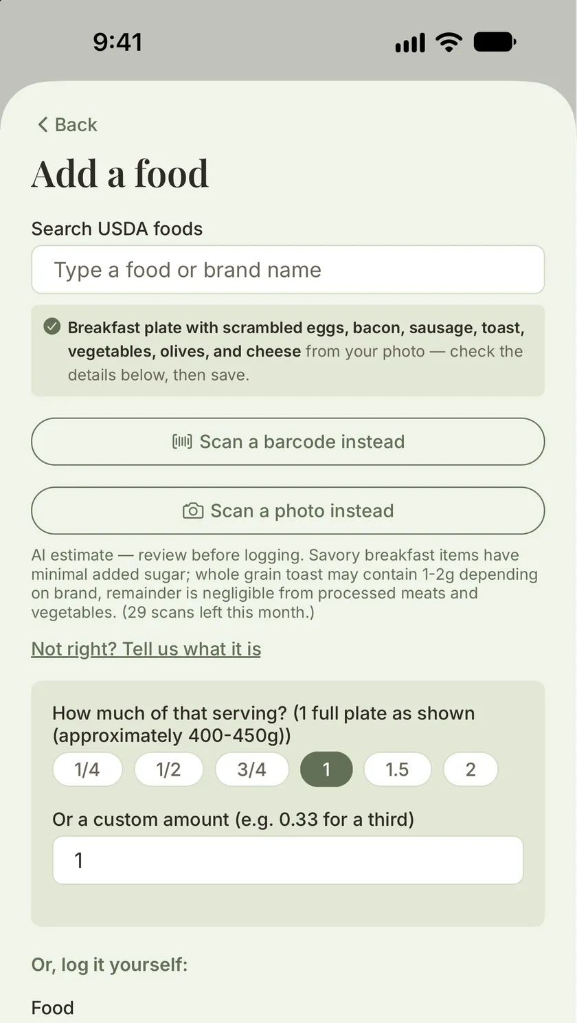 SucreSage after a photo of a breakfast plate: it names the eggs, bacon, sausage, toast, vegetables, olives and cheese, estimates 2 grams of added sugar, and marks it as an AI estimate to review