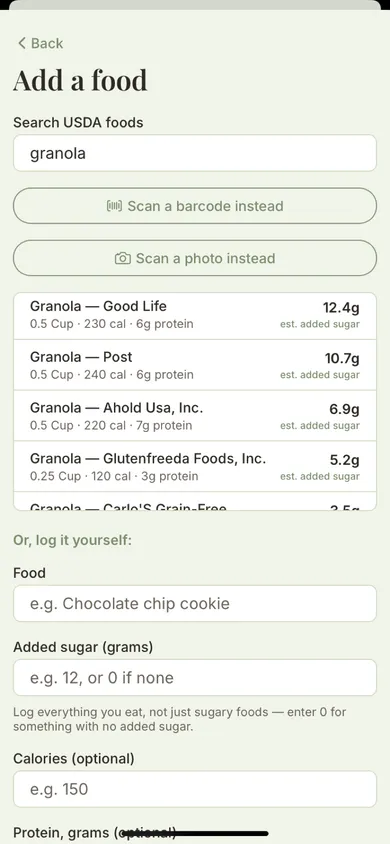 Searching USDA foods for “granola”, with each result showing its added sugar in grams — 12.4g, 10.7g, 6.9g — and marked as an estimate where the label didn't state it