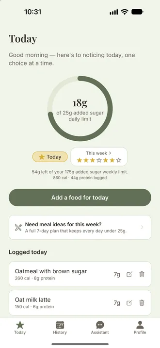 The Today screen: 18 grams of a 25-gram daily limit, today's gold star, and five of six days starred this week