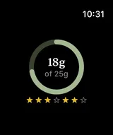 The same day on Apple Watch: 18 grams of 25, and the week's stars